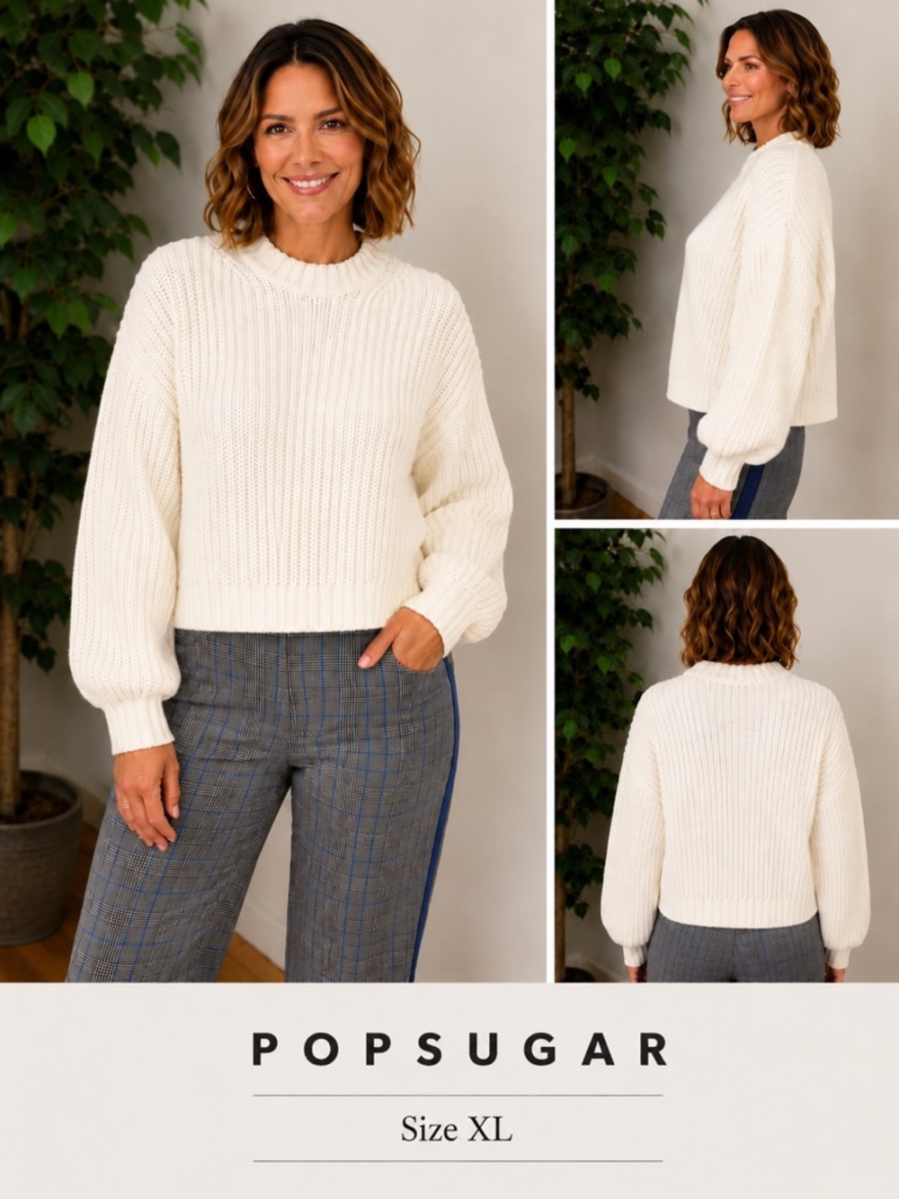 POPSUGAR Chunky Knit Cropped Sweater Size XL Cream Balloon Sleeve Cozy Pullover